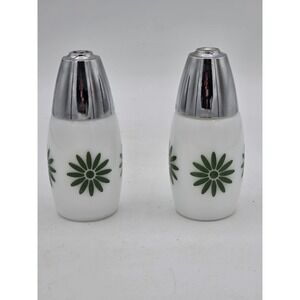 Vintage Westinghouse Gemco Milk Glass Green Daisy Floral Salt & Pepper Shakers
